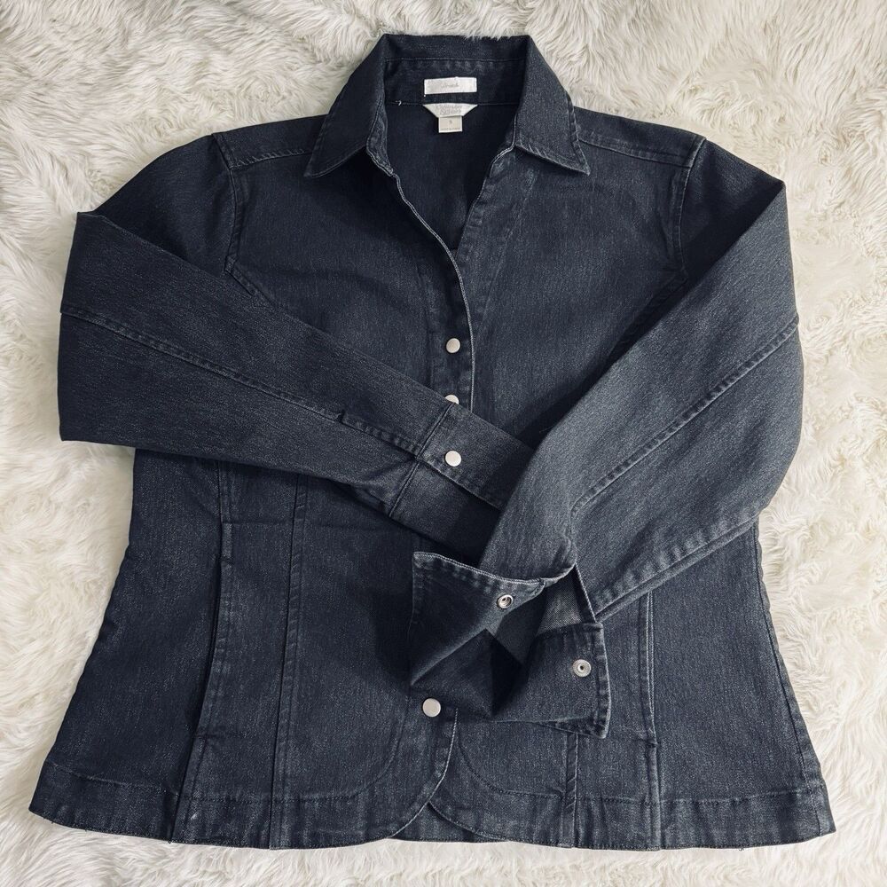 Christopher & Banks Shacket Jacket S Black Denim Snap V Neck Stretch Womens